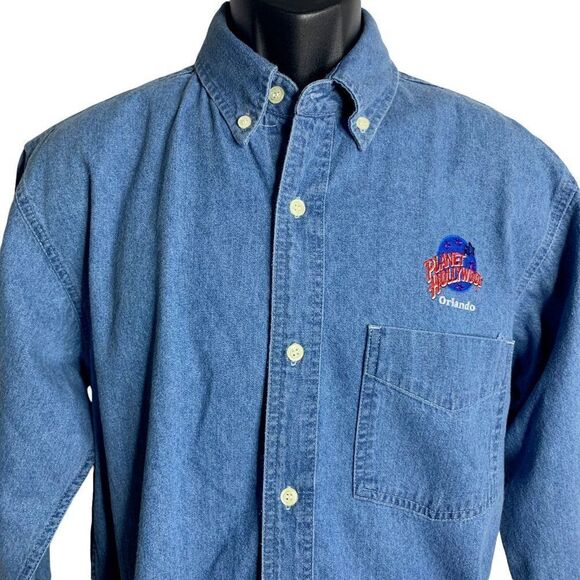 Vintage 90s Mens Planet Hollywood Chambray Denim Shirt M Blue Button Down - Picture 1 of 7